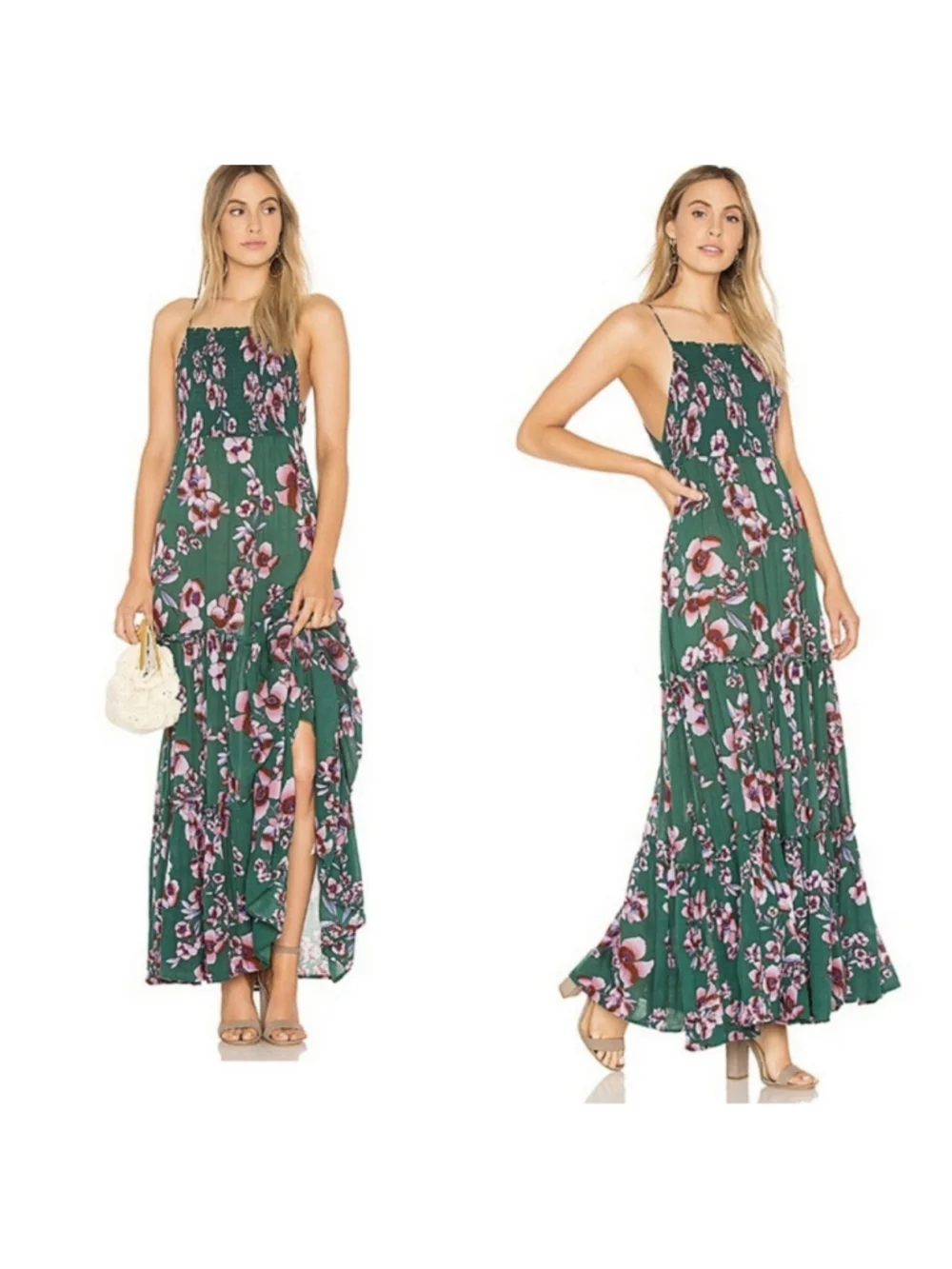 Free People Intimately Garden Party Maxi Dress Tie Green Floral Medium Boho EUC